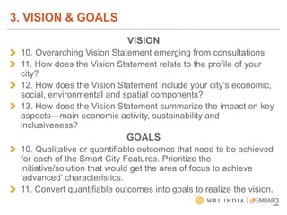 VISION
10. Overarching Vision Statement emerging from consultations
11. How does the Vision Statement relate to the profile of your
city?
12. How does the Vision Statement include your city’s economic,
social, environmental and spatial components?
13. How does the Vision Statement summarize the impact on key
aspects—main economic activity, sustainability and
inclusiveness?
GOALS
10. Qualitative or quantifiable outcomes that need to be achieved
for each of the Smart City Features. Prioritize the
initiative/solution that would get the area of focus to achieve
‘advanced’ characteristics.
11. Convert quantifiable outcomes into goals to realize the vision.
3. VISION & GOALS
 