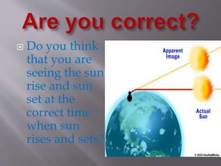  Do you think
that you are
seeing the sun
rise and sun
set at the
correct time
when sun
rises and sets?