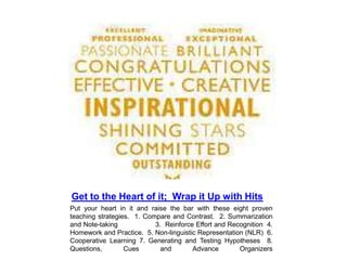 Get to the Heart of it;  Wrap it Up with HitsPut your heart in it and raise the bar with these eight proven teaching strategies.  1. Compare and Contrast.  2. Summarization and Note-taking                  3.  Reinforce Effort and Recognition  4.  Homework and Practice.  5. Non-linguistic Representation (NLR)  6.  Cooperative Learning 7. Generating and Testing Hypotheses  8.  Questions, Cues and Advance Organizers