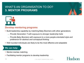 WHAT’S AN ORGANISATION TO DO? 
3. MENTOR PROGRAMS 
Develop mentoring programs 
 Build leadership capability by matching Baby Boomers with other generations 
We can help: 
 Facilitating mentor programs to develop leadership 
—THE GREAT GENERATIONAL SHIFT— 
 Mentor-mentee matching 
16 
̶ Provide Generation Y with exposure to stronger leadership traits 
̶ Provide Baby Boomers with exposure to a more people-orientated style and 
preference for abstract and conceptual thinking 
 Well rounded individuals are likely to be the most effective and adaptable 
 