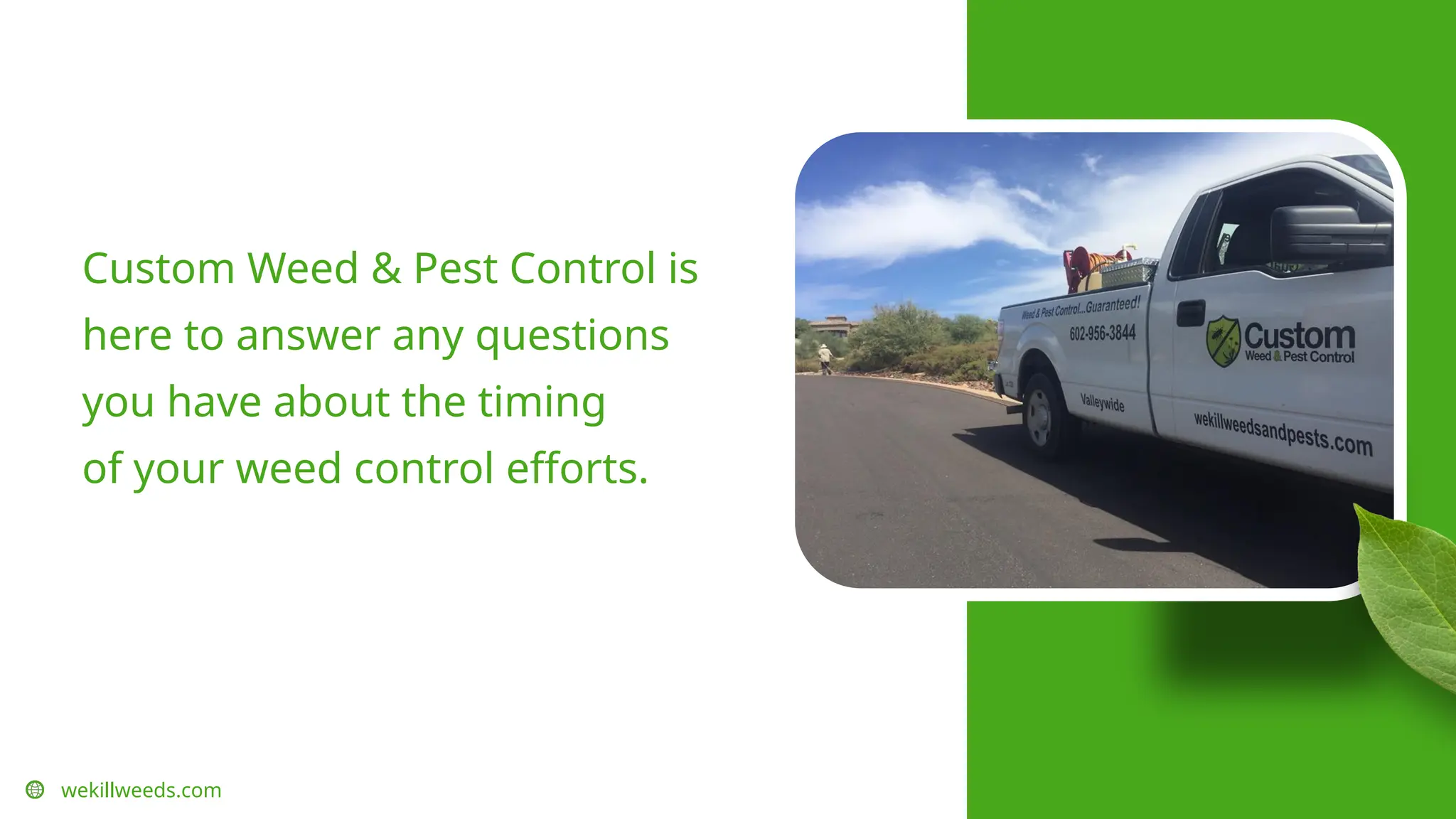 wekillweeds.com
Custom Weed & Pest Control is
here to answer any questions
you have about the timing
of your weed control efforts.
 