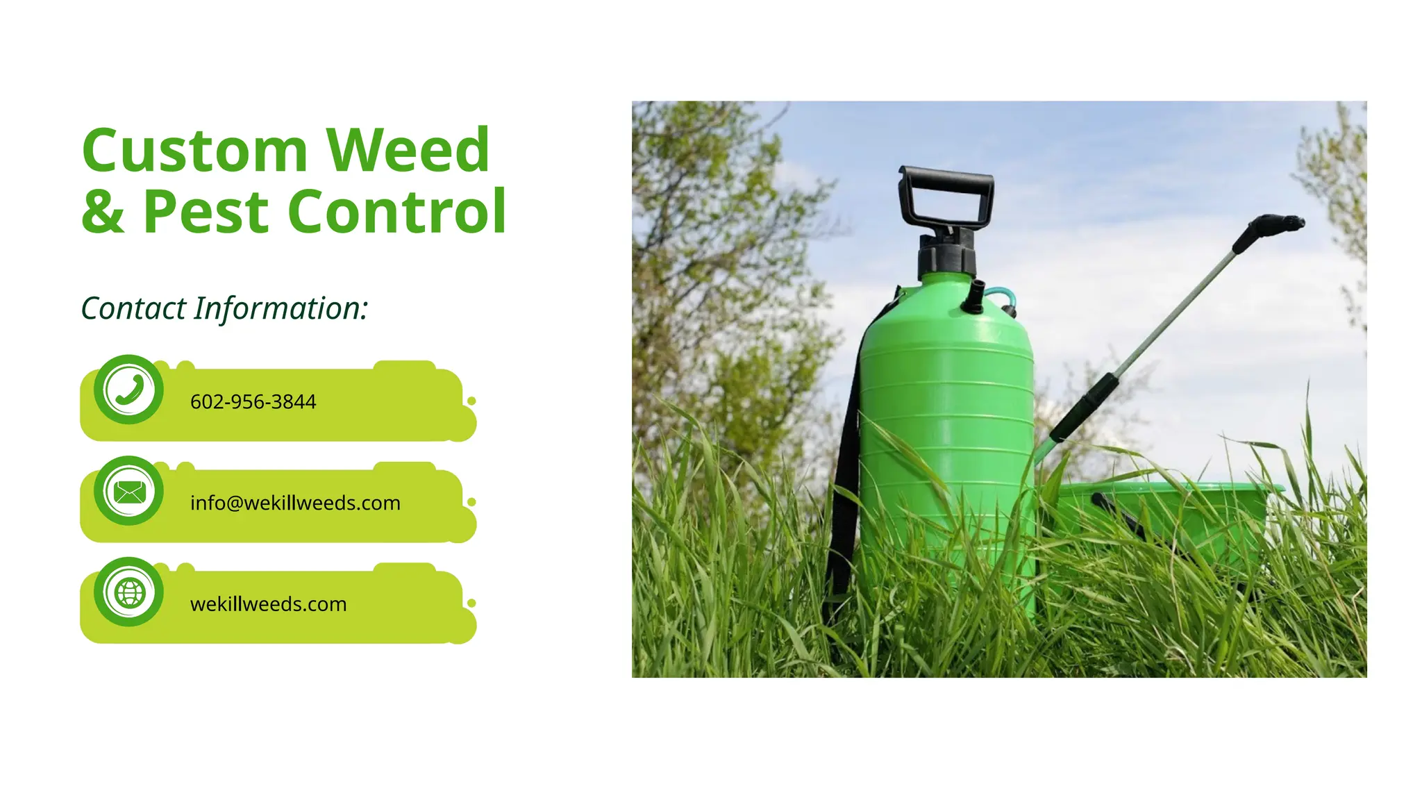 Custom Weed
& Pest Control
Contact Information:
602-956-3844
info@wekillweeds.com
wekillweeds.com
 