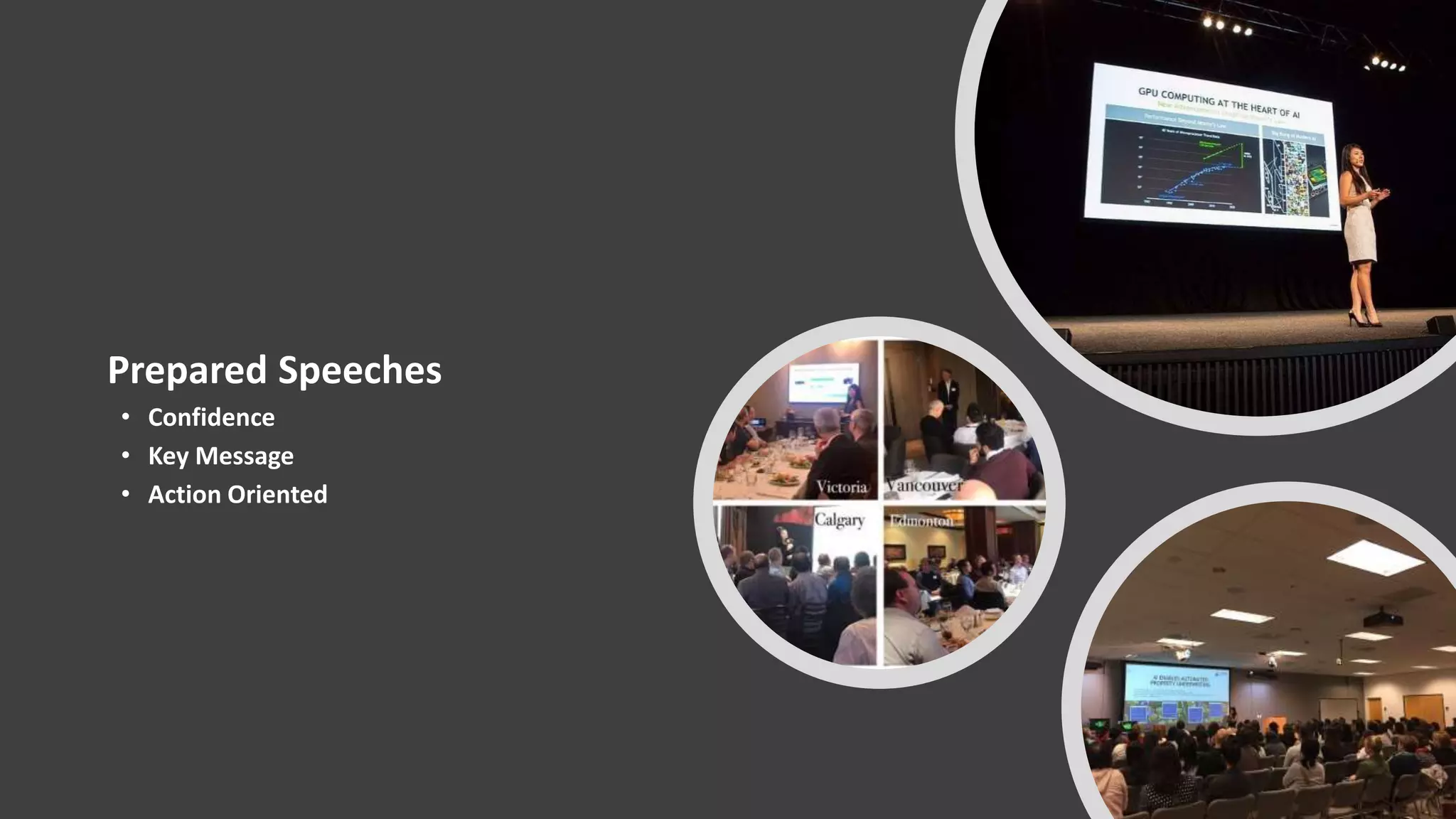 Prepared Speeches
• Confidence
• Key Message
• Action Oriented
 