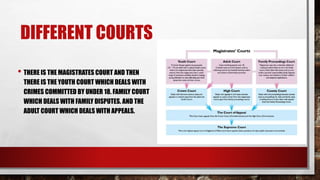 DIFFERENT COURTS 
• THERE IS THE MAGISTRATES COURT AND THEN 
THERE IS THE YOUTH COURT WHICH DEALS WITH 
CRIMES COMMITTED BY UNDER 18. FAMILY COURT 
WHICH DEALS WITH FAMILY DISPUTES. AND THE 
ADULT COURT WHICH DEALS WITH APPEALS. 
 
