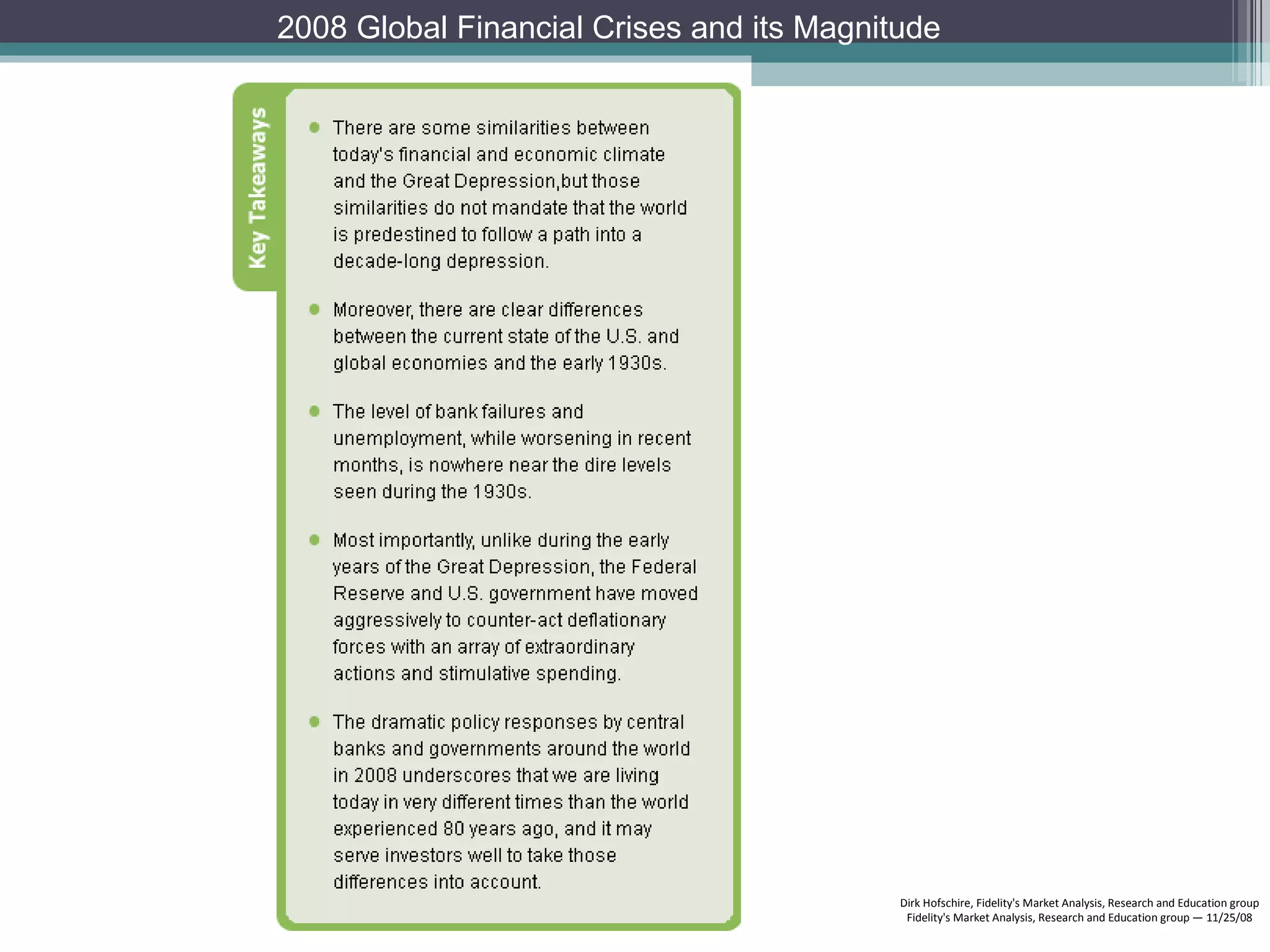 Dirk Hofschire, Fidelity's Market Analysis, Research and Education group Fidelity's Market Analysis, Research and Education group — 11/25/08 2008 Global Financial Crises and its Magnitude 
