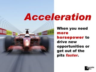 Acceleration When you need  more horsepower  to drive new opportunities or get out of the pits  faster . 