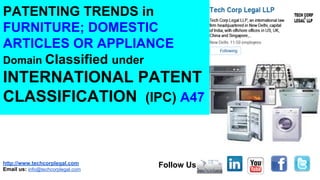 http://www.techcorplegal.com
Email us: info@techcorplegal.com
Follow Us
PATENTING TRENDS in
FURNITURE; DOMESTIC
ARTICLES OR APPLIANCE
Domain Classified under
INTERNATIONAL PATENT
CLASSIFICATION (IPC) A47
 