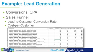#SocialPro #12B @john_a_lee
 Conversions, CPA
 Sales Funnel
 Lead-to-Customer Conversion Rate
 Cost-per-Customer
Examp...