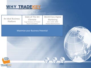 WHY TRADEKEY
An Ideal Business
Platform

State of The Art
Clientele

World Class Digital
Marketing

Huge Database of Trusted
Buyers and Sellers

SEO | SEM| SMM
Display Advertisement

Maximize your Business Potential

 