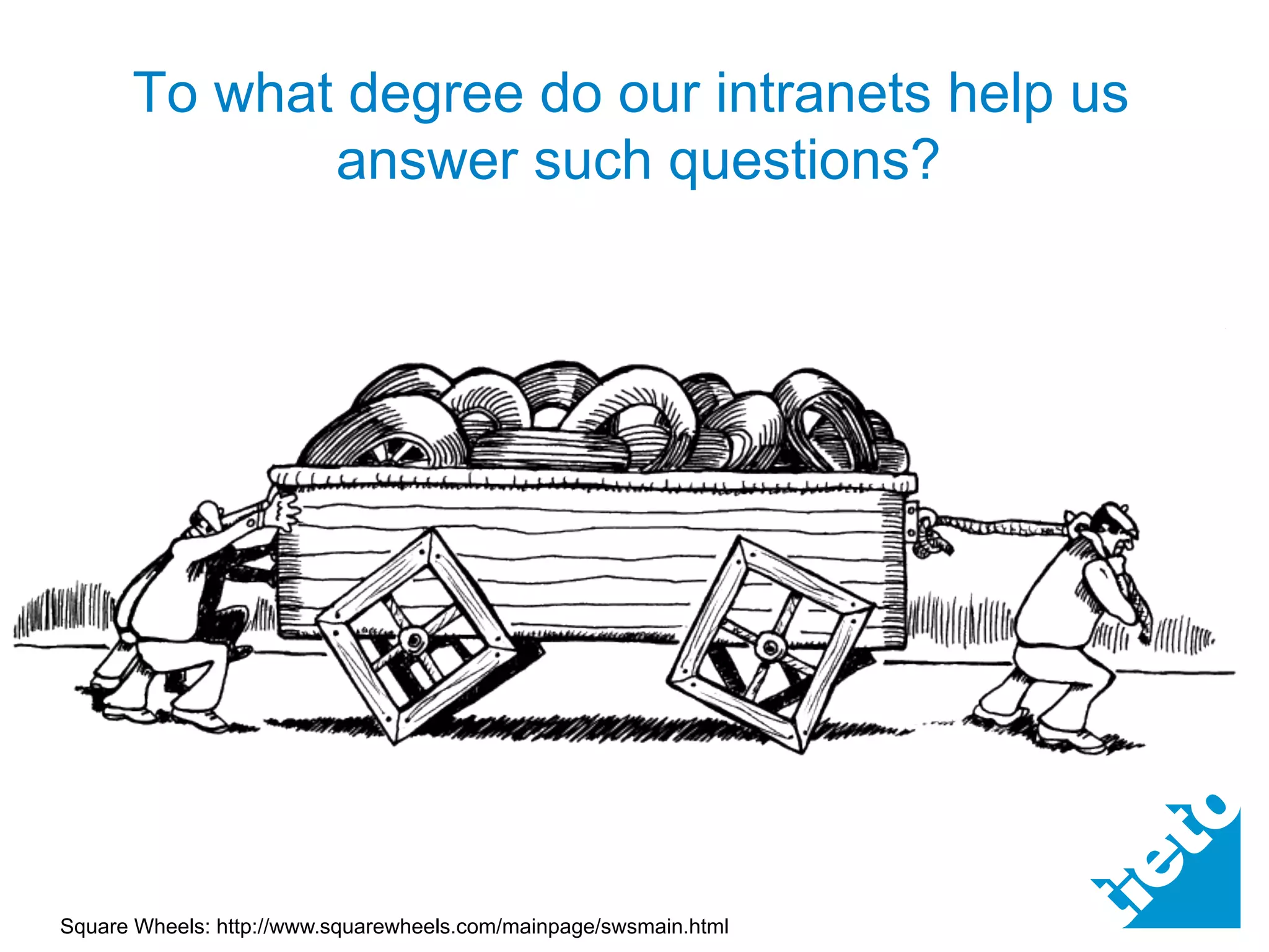 To what degree do our intranets help us
             answer such questions?




Square Wheels: http://www.squarewheels.com/mainpage/swsmain.html
 