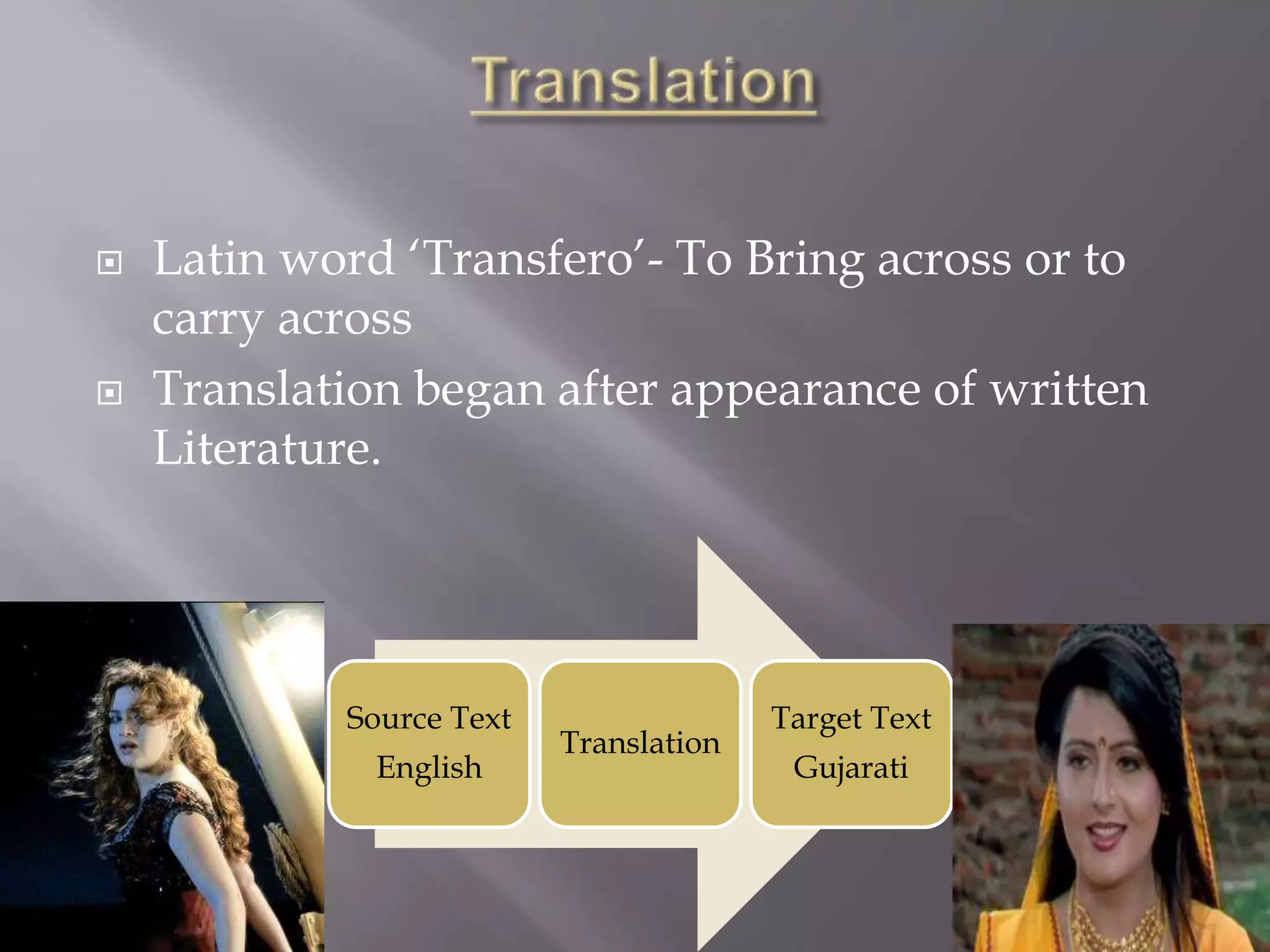  Latin word ‘Transfero’- To Bring across or to
carry across
Translation began after appearance of written
Literature.
Source Text
English
Translation
Target Text
Gujarati
