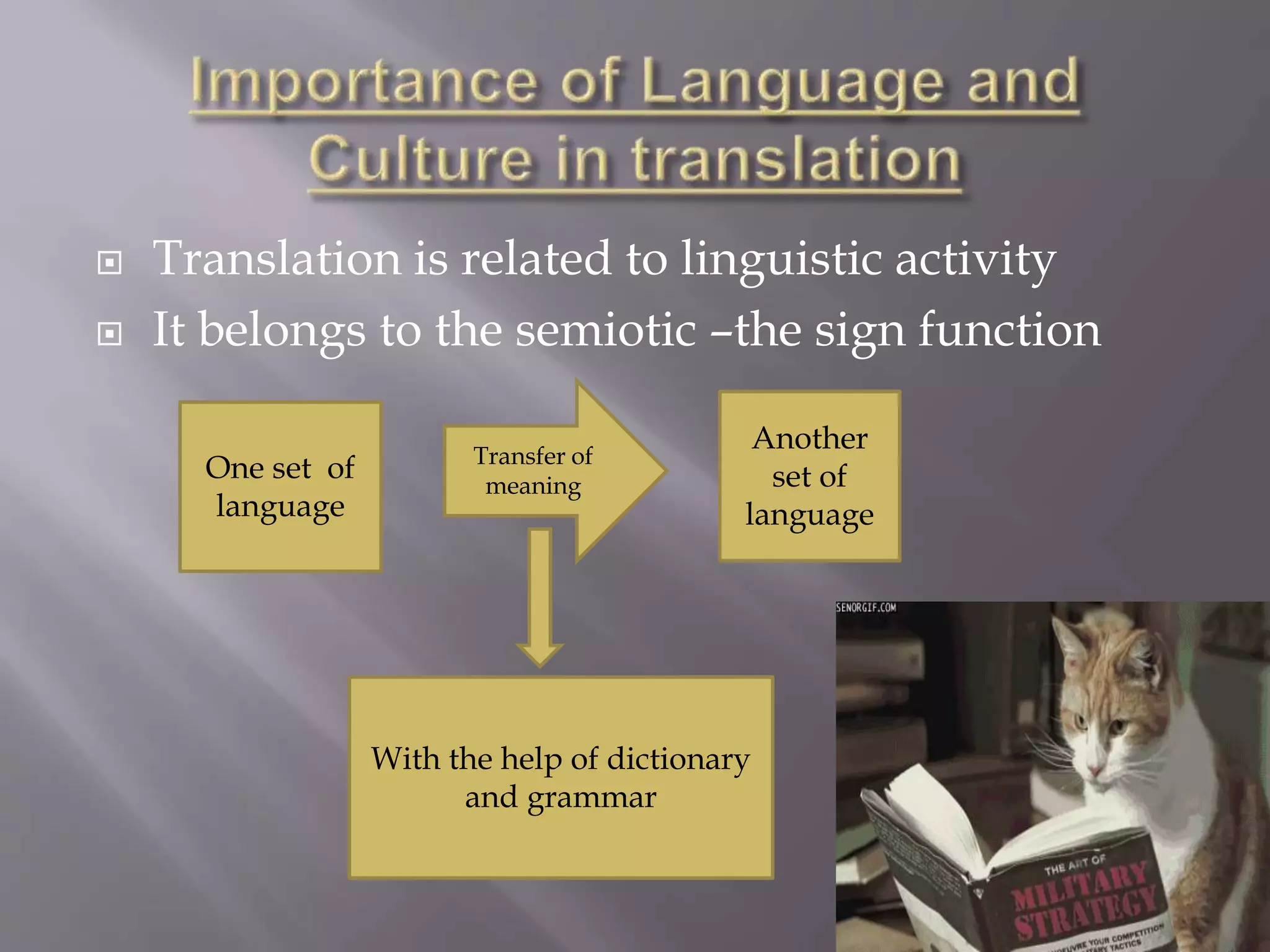 Translation is related to linguistic activity
It belongs to the semiotic –the sign function
Transfer of
meaning
One set of
language
Another
set of
language
With the help of dictionary
and grammar