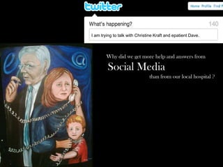 I am trying to talk with Christine Kraft and epatient Dave.
Why did we get more help and answers from
Social Media
than from our local hospital ?
 