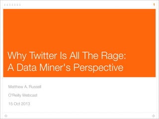 1

Why Twitter Is All The Rage:
A Data Miner's Perspective
Matthew A. Russell
O'Reilly Webcast
15 Oct 2013

 
