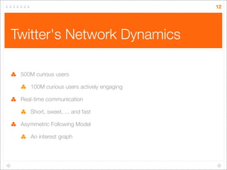 12

Twitter's Network Dynamics
500M curious users
100M curious users actively engaging
Real-time communication
Short, swee...