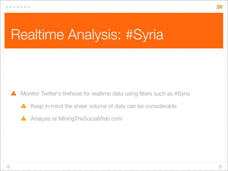 28

Realtime Analysis: #Syria

Monitor Twitter's ﬁrehose for realtime data using ﬁlters such as #Syria
Keep in mind the sh...