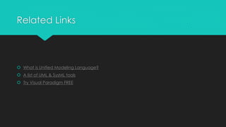 Related Links
 What is Unified Modeling Language?
 A list of UML & SysML tools
 Try Visual Paradigm FREE
 