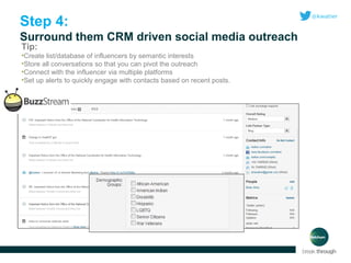 Step 4:
Surround them CRM driven social media outreach
Tip:

•Create list/database of influencers by semantic interests
•Store all conversations so that you can pivot the outreach
•Connect with the influencer via multiple platforms
•Set up alerts to quickly engage with contacts based on recent posts.

 