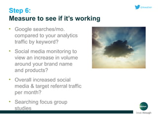 Step 6:
Measure to see if it’s working
• Google searches/mo.
compared to your analytics
traffic by keyword?
• Social media monitoring to
view an increase in volume
around your brand name
and products?
• Overall increased social
media & target referral traffic
per month?
• Searching focus group
studies

 