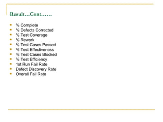 Result…Cont……
 % Complete
 % Defects Corrected
 % Test Coverage
 % Rework
 % Test Cases Passed
 % Test Effectiveness
 % Test Cases Blocked
 % Test Efficiency
 1st Run Fail Rate
 Defect Discovery Rate
 Overall Fail Rate
 