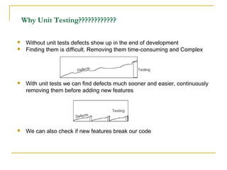 Why Unit Testing????????????
 Without unit tests defects show up in the end of development
 Finding them is difficult. Removing them time-consuming and Complex
 With unit tests we can find defects much sooner and easier, continuously
removing them before adding new features
 We can also check if new features break our code
 