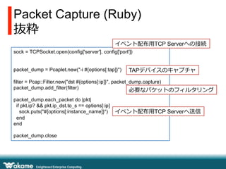 Packet Capture (Ruby)
抜粋
sock = TCPSocket.open(config['server'], config['port'])
packet_dump = Pcaplet.new("-i #{options[:tap]}")
filter = Pcap::Filter.new("dst #{options[:ip]}", packet_dump.capture)
packet_dump.add_filter(filter)
packet_dump.each_packet do |pkt|
if pkt.ip? && pkt.ip_dst.to_s == options[:ip]
sock.puts("#{options[:instance_name]}")
end
end
packet_dump.close
イベント配布⽤用TCP Serverへの接続
TAPデバイスのキャプチャ
必要なパケットのフィルタリング
イベント配布⽤用TCP Serverへ送信
 