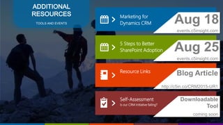 19
5 Steps to Better
SharePoint Adoption Aug 25
events.c5insight.com
Resource Links
Blog Article
Marketing for
Dynamics CRM Aug 18
events.c5insight.com
Self-Assessment
Is our CRM initiative failing?
Downloadable
Tool
coming soon
ADDITIONAL
RESOURCES
TOOLS AND EVENTS
http://c5in.co/CRM2015-UR1
 