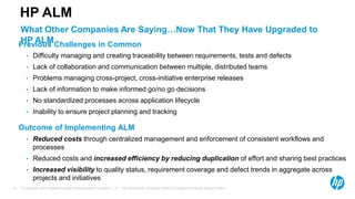 © Copyright 2013 Hewlett-Packard Development Company, L.P. The information contained herein is subject to change without notice.14
What Other Companies Are Saying…Now That They Have Upgraded to
HP ALM
HP ALM
Previous Challenges in Common
Outcome of Implementing ALM
• Difficulty managing and creating traceability between requirements, tests and defects
• Lack of collaboration and communication between multiple, distributed teams
• Problems managing cross-project, cross-initiative enterprise releases
• Lack of information to make informed go/no go decisions
• No standardized processes across application lifecycle
• Inability to ensure project planning and tracking
• Reduced costs through centralized management and enforcement of consistent workflows and
processes
• Reduced costs and increased efficiency by reducing duplication of effort and sharing best practices
• Increased visibility to quality status, requirement coverage and defect trends in aggregate across
projects and initiatives
 