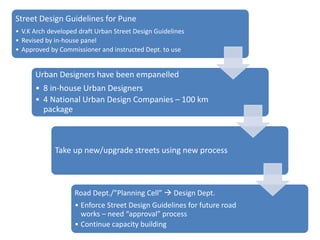 Street Design Guidelines for Pune
• V.K Arch developed draft Urban Street Design Guidelines
• Revised by in-house panel
• Approved by Commissioner and instructed Dept. to use
Urban Designers have been empanelled
• 8 in-house Urban Designers
• 4 National Urban Design Companies – 100 km
package
Take up new/upgrade streets using new process
Road Dept./”Planning Cell”  Design Dept.
• Enforce Street Design Guidelines for future road
works – need “approval” process
• Continue capacity building
 
