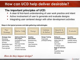 How can UCD help deliver desirable? The important principles of UCD:  A clear & first-hand understanding of user work practice and intent Active involvement of user to generate and evaluate designs  Integrating user centered design with other development activities  Plan  Strategy Gather Data Design Validate  & Refine Specify &  Implement Evaluate Strategic Data Marketing segmentation Surveys Stakeholder input Card sorting Focus groups Gathered Data for this project Competitive/Trend Analysis Web logs & stats Heuristics Journal or diaries In-home interviews Creative Stimulation Brainstorming Personas User Scenarios Storyboards Design Testing Fixed state prototype testing Rollout & Functional Specs Rollout plan (in phases) Use cases 1 st  release specs Bugs & Technical Info Feasibility Study QA testing Usability Measurement Usability testing Questionnaires  How do they impact design? Steps in the typical process and data gathering methodologies 