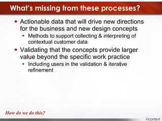 What’s missing from these processes? Actionable data that will drive new directions for the business and new design concepts  Methods to support collecting & interpreting of contextual customer data  Validating that the concepts provide larger value beyond the specific work practice  Including users in the validation & iterative refinement How do we do this? 