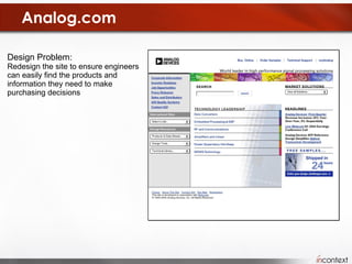Analog.com Design Problem:   Redesign the site to ensure engineers can easily find the products and information they need to make purchasing decisions 