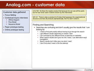 Analog.com - customer data Customer data gathered Focus Setting Contextual inquiry interviews Affinity Diagram Flow Model Sequence Model Paper prototype testing Online prototype testing Site structure and organization I don't know everything that is on the site I didn't know about the product lists that show all products Now that I know its here, I will use the site more I didn't know about design resources I don't know where you put the information It’s not clear to me where I should look for the information I need I don't know how or where to find a product If I don't see a  part in the selection guide, I assume it doesn't exist I don't know where to find application notes Categories need to make sense to the engineers Categorizing products by application doesn't work for me The product category tree reflects organizational structure, which doesn't help me I am using a product in a new or different way so its harder to find information The site structure gets in my way I can't find things in the collapsed menus I can't find things as information is nested too deeply I don't understand your terminology Finding and Searching Searches are confusing and don't usually give the results that  I am looking for I need to find parts easily without having to go through the search I get different results depending on where I start I am confused by the different kinds of searches on websites When search results don't give me info I need, I use alternative ways  (navigation) Search results don't often give me what I need I don't find what I need in the first attempt U01-31  There is also a product A-Z index that bypasses the organizational structure and lists all products alphabetically. But he didn't notice it. U10-794  He likes the master product list because he can see all the parts - but he had never seen it before shown by the interviewer 