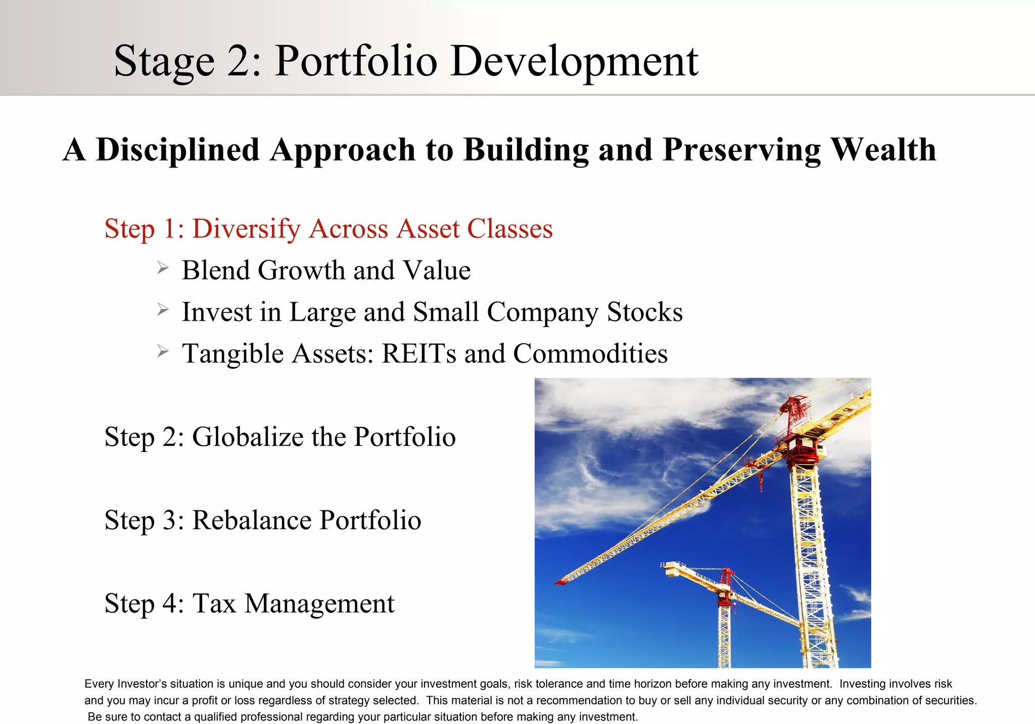 Stage 2: Portfolio Development A Disciplined Approach to Building and Preserving Wealth Step 1: Diversify Across Asset Classes Blend Growth and Value Invest in Large and Small Company Stocks Tangible Assets: REITs and Commodities Step 2: Globalize the Portfolio Step 3: Rebalance Portfolio Step 4: Tax Management Every Investor’s situation is unique and you should consider your investment goals, risk tolerance and time horizon before making any investment.  Investing involves risk  and you may incur a profit or loss regardless of strategy selected.  This material is not a recommendation to buy or sell any individual security or any combination of securities.  Be sure to contact a qualified professional regarding your particular situation before making any investment. 