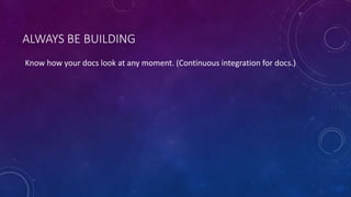ALWAYS BE BUILDING
Know how your docs look at any moment. (Continuous integration for docs.)
 