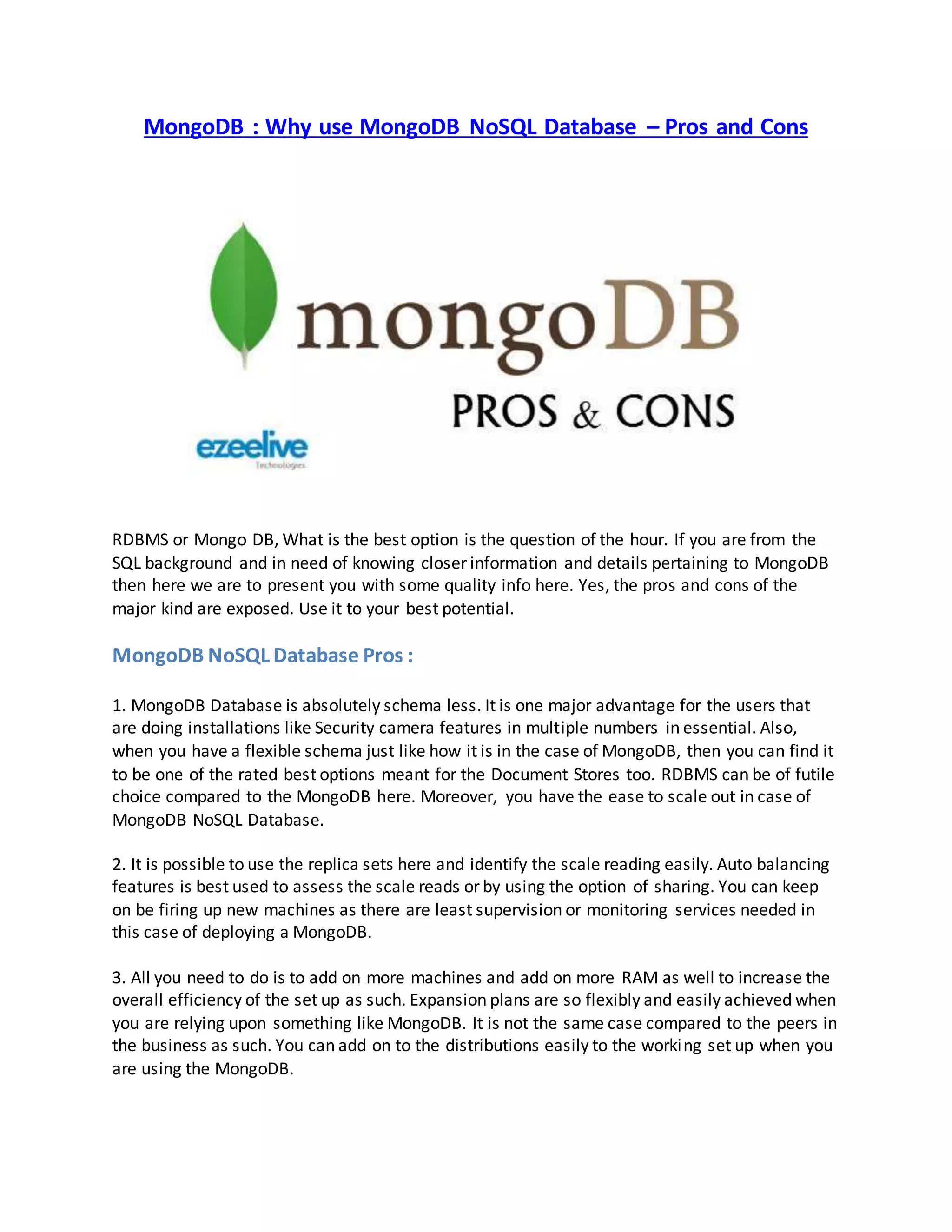 Why use mongo db nosql database pros and cons | PDF