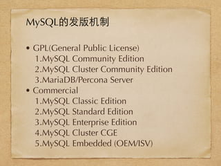 • GPL(General Public License)
1.MySQL Community Edition
2.MySQL Cluster Community Edition
3.MariaDB/Percona Server
• Commercial
1.MySQL Classic Edition
2.MySQL Standard Edition
3.MySQL Enterprise Edition
4.MySQL Cluster CGE
5.MySQL Embedded (OEM/ISV)
MySQL的发版机制
 