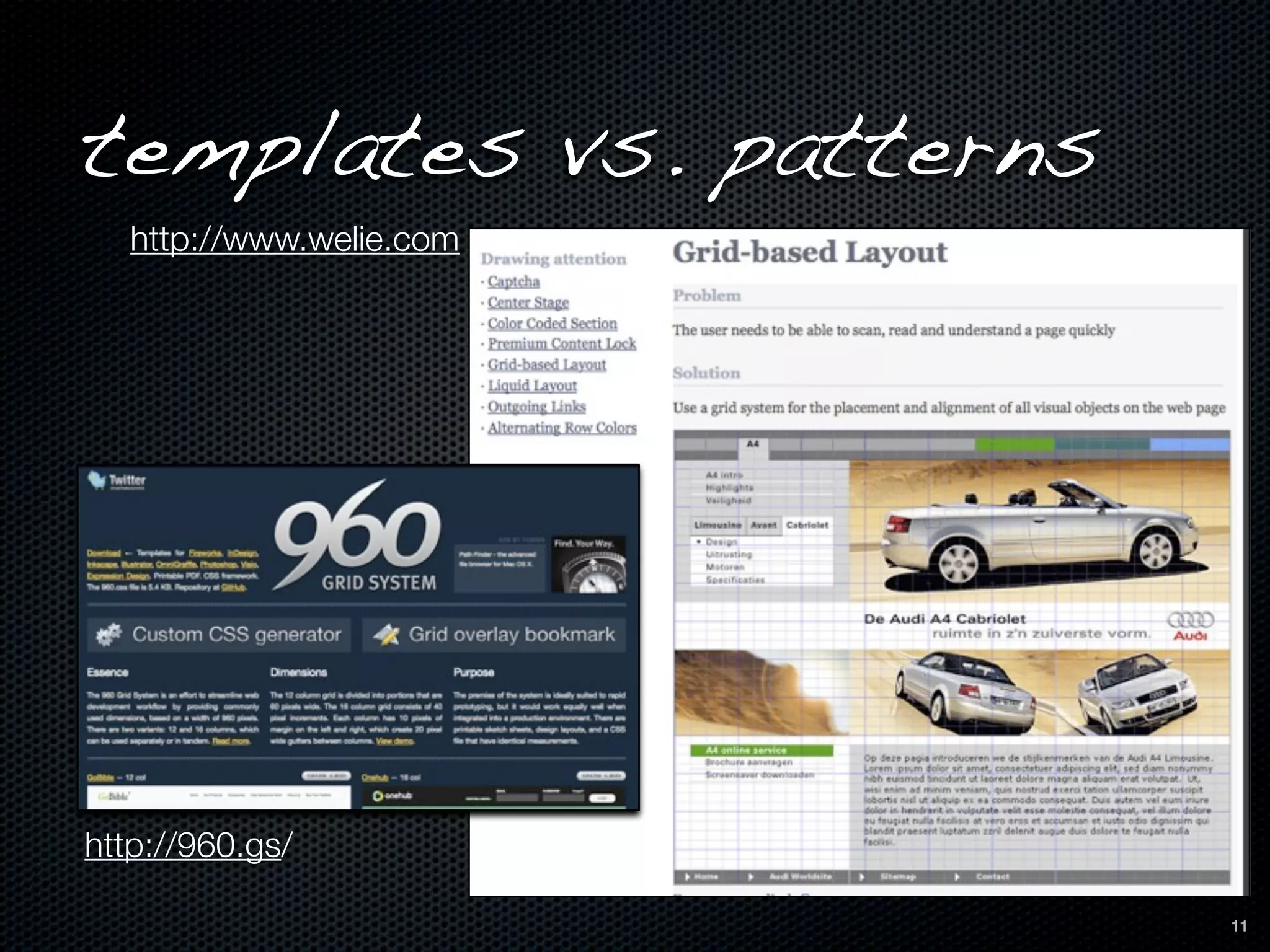 templates vs. patterns
   http://www.welie.com




http://960.gs/

                          11
 
