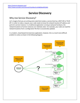 https://nextsrini.blogspot.com/
https://www.youtube.com/channel/UCqIHkbuf1uGiN8QXwWX5dkQ
Service Discovery
Why Use Service Discovery?
Let’s imagine that you are writing some code that invokes a service that has a REST API or Thrift
API. In order to make a request, your code needs to know the network location (IP address and
port) of a service instance. In a traditional application running on physical hardware, the
network locations of service instances are relatively static. For example, your code can read the
network locations from a configuration file that is occasionally updated.
In a modern, cloud-based microservices application, however, this is a much more difficult
problem to solve as shown in the following diagram.
 