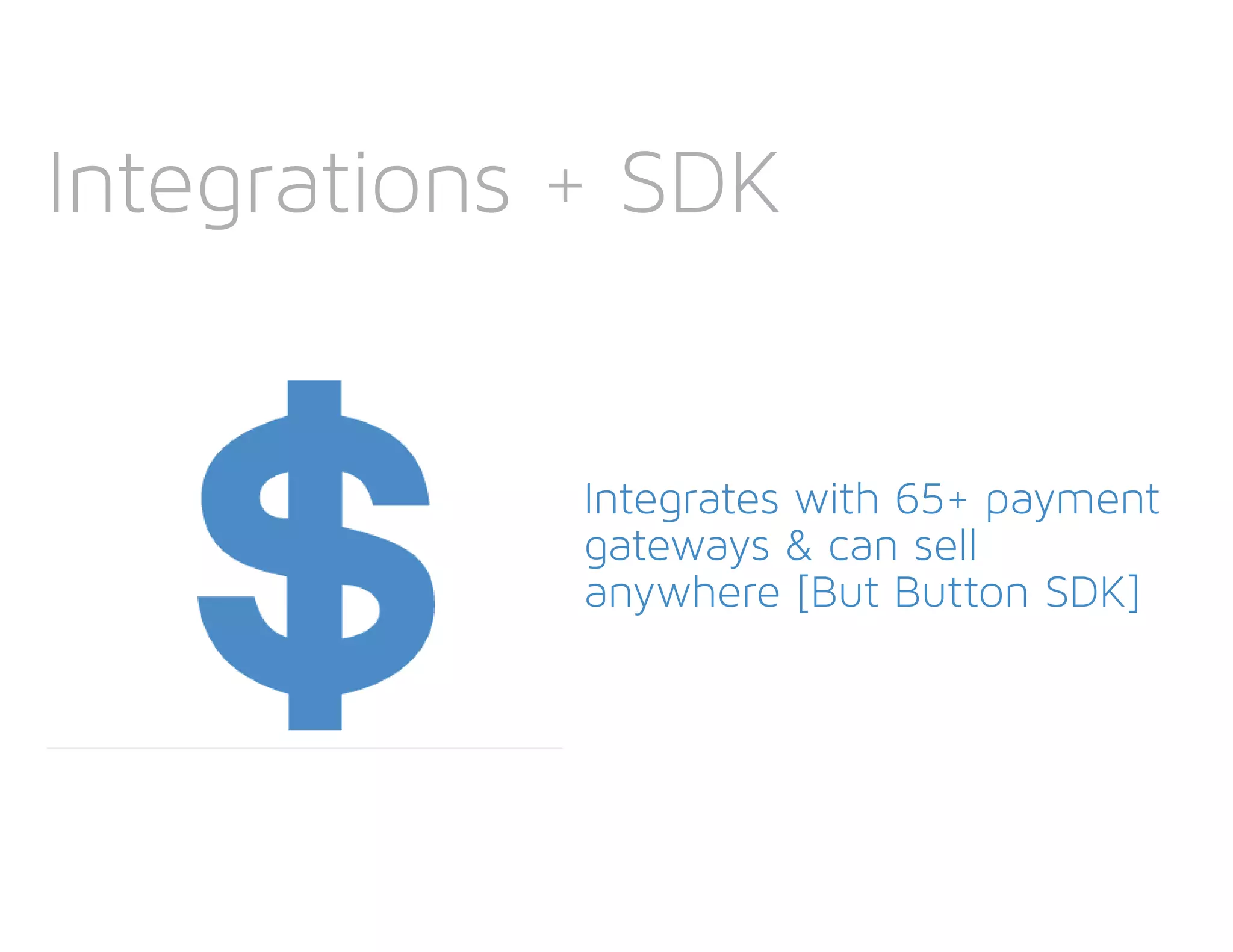 Integrations + SDK
Integrates with 65+ payment
gateways & can sell
anywhere [But Button SDK]
 