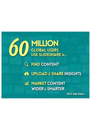 upload & share insights
market content
wider & smarter
find content
let’s see how…
60million
global users
use SlideShare to…
 