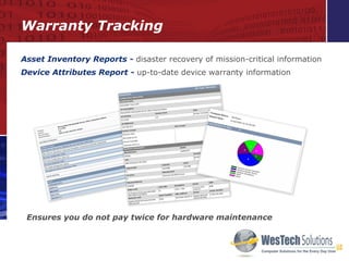 Asset Inventory Reports -   disaster recovery of mission-critical information Device Attributes Report -   up-to-date device warranty information Ensures you do not pay twice for hardware maintenance Warranty Tracking 