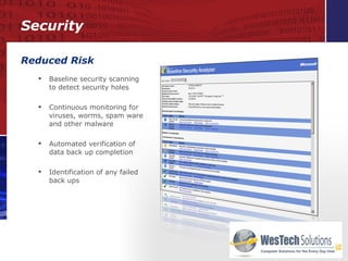 Reduced Risk Baseline security scanning to detect security holes Continuous monitoring for viruses, worms, spam ware and other malware Automated verification of data back up completion  Identification of any failed back ups Security 