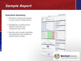 Sample Report Executive Summary Provides a high level picture  of your entire infrastructure Establishes a performance baseline that can be measured over time Quickly and visually identifies any potential risks based on performance trends 
