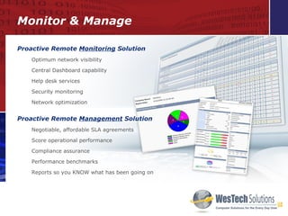 Monitor & Manage Proactive Remote  Monitoring  Solution Optimum network visibility Central Dashboard capability  Help desk services Security monitoring Network optimization Proactive Remote  Management  Solution Negotiable, affordable SLA agreements Score operational performance Compliance assurance Performance benchmarks Reports so you KNOW what has been going on 