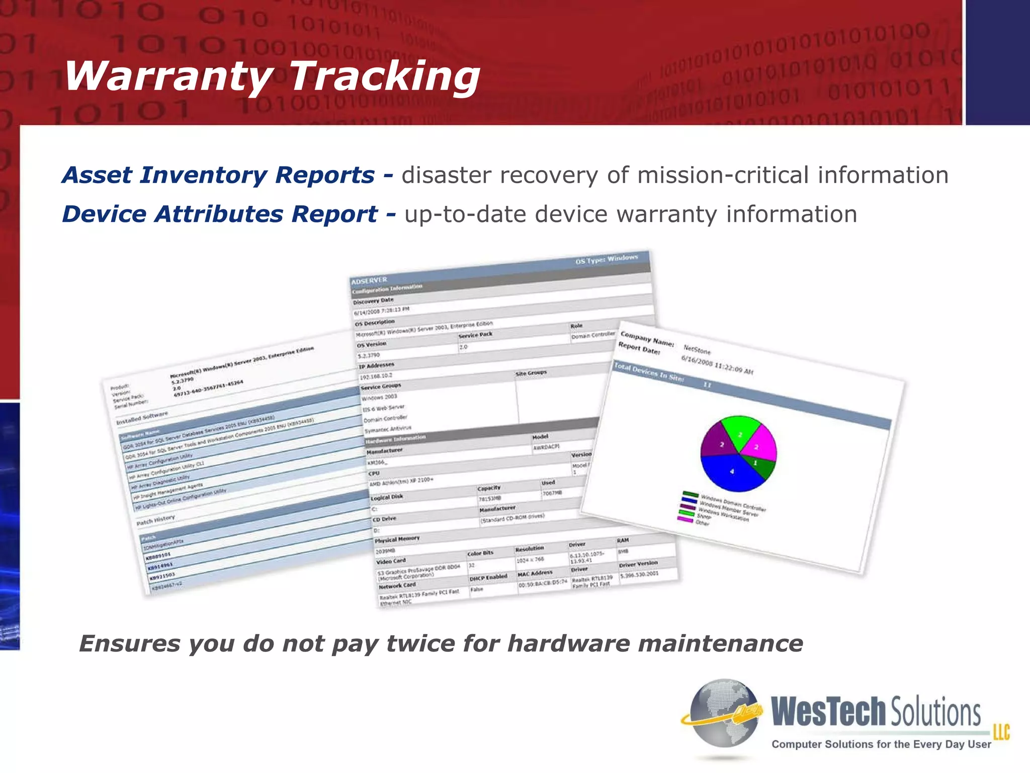 Asset Inventory Reports -   disaster recovery of mission-critical information Device Attributes Report -   up-to-date device warranty information Ensures you do not pay twice for hardware maintenance Warranty Tracking 