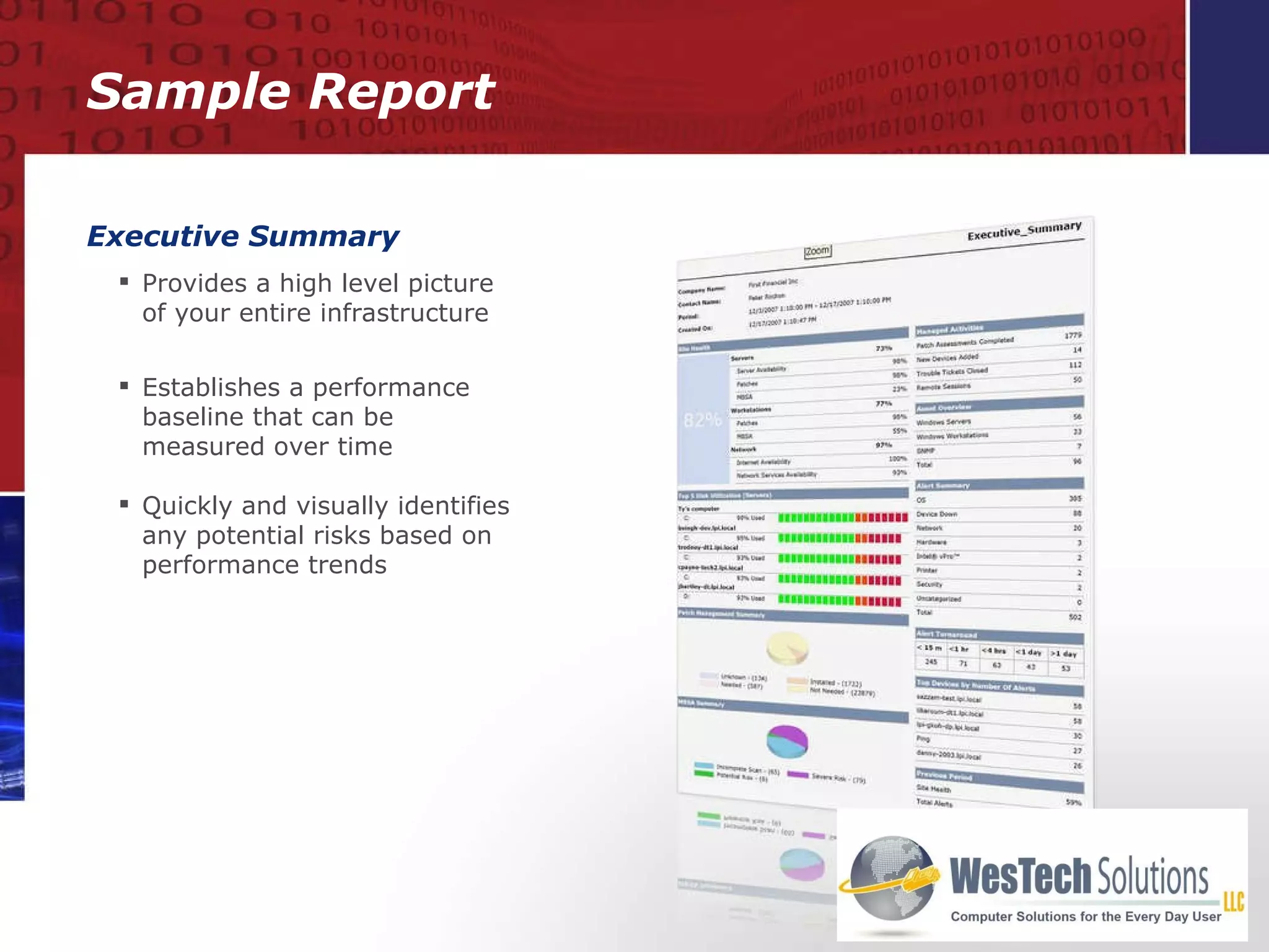 Sample Report Executive Summary Provides a high level picture  of your entire infrastructure Establishes a performance baseline that can be measured over time Quickly and visually identifies any potential risks based on performance trends 