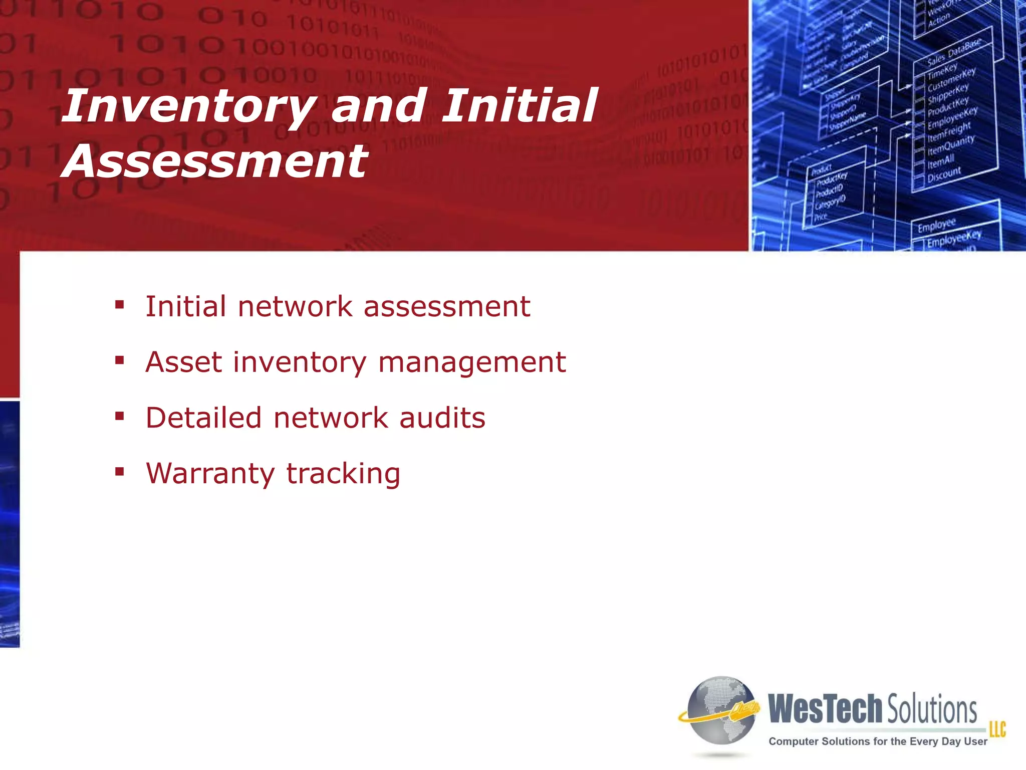 Inventory and Initial Assessment Initial network assessment Asset inventory management Detailed network audits  Warranty tracking 