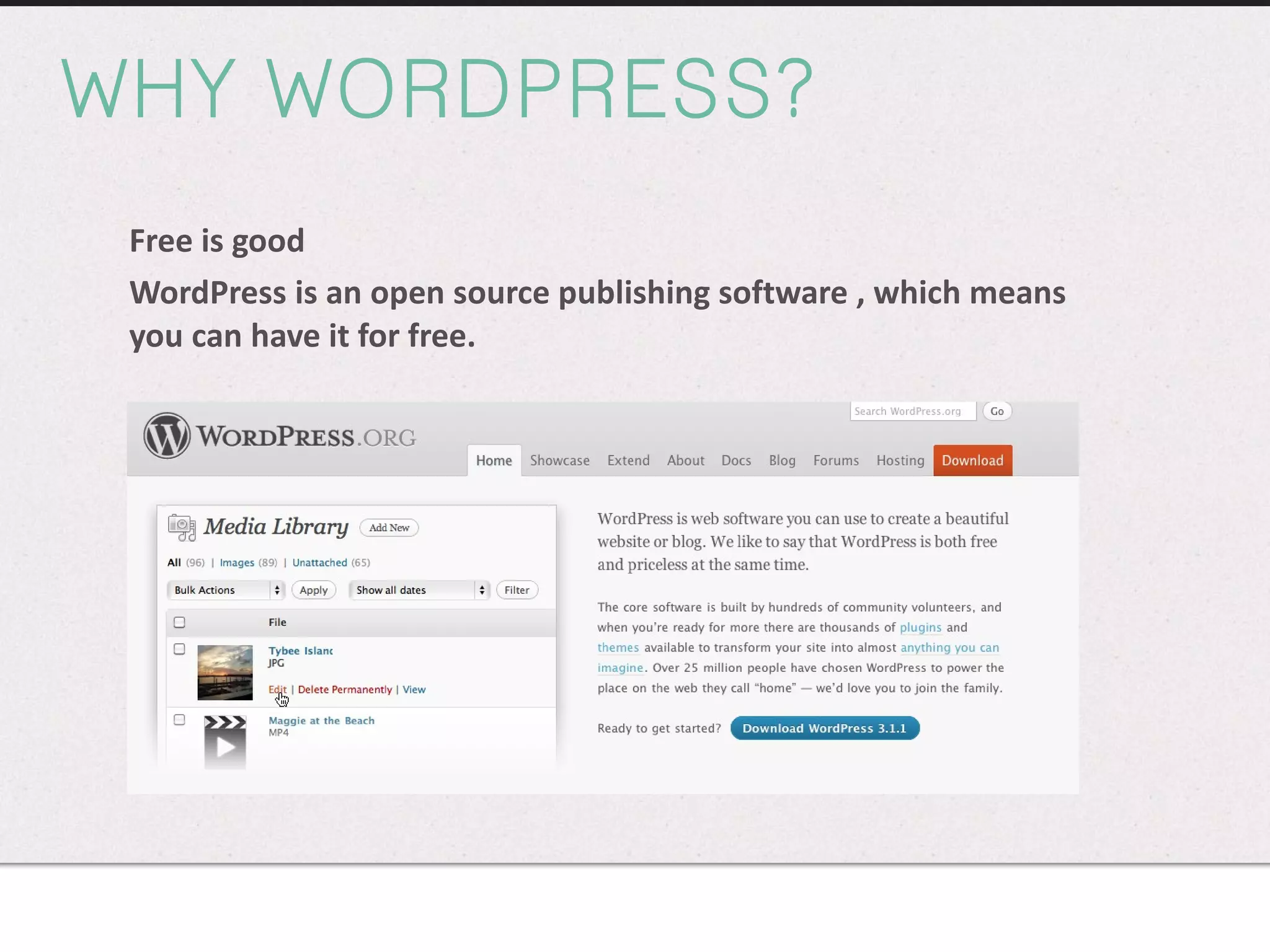 WHY WORDPRESS? Free is good WordPress is an open source publishing software , which means you can have it for free. 