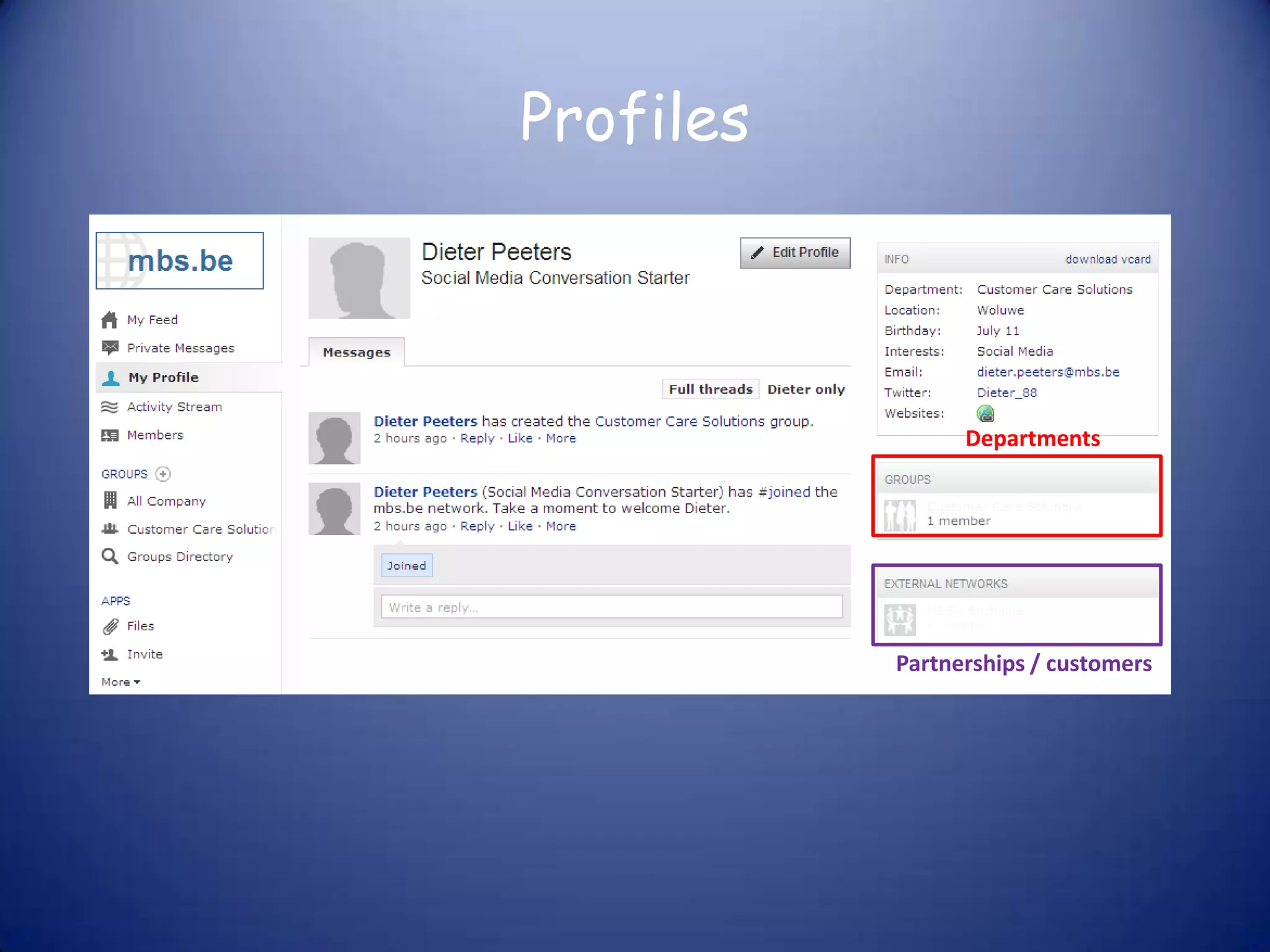 Profiles



                 Departments




           Partnerships / customers
 